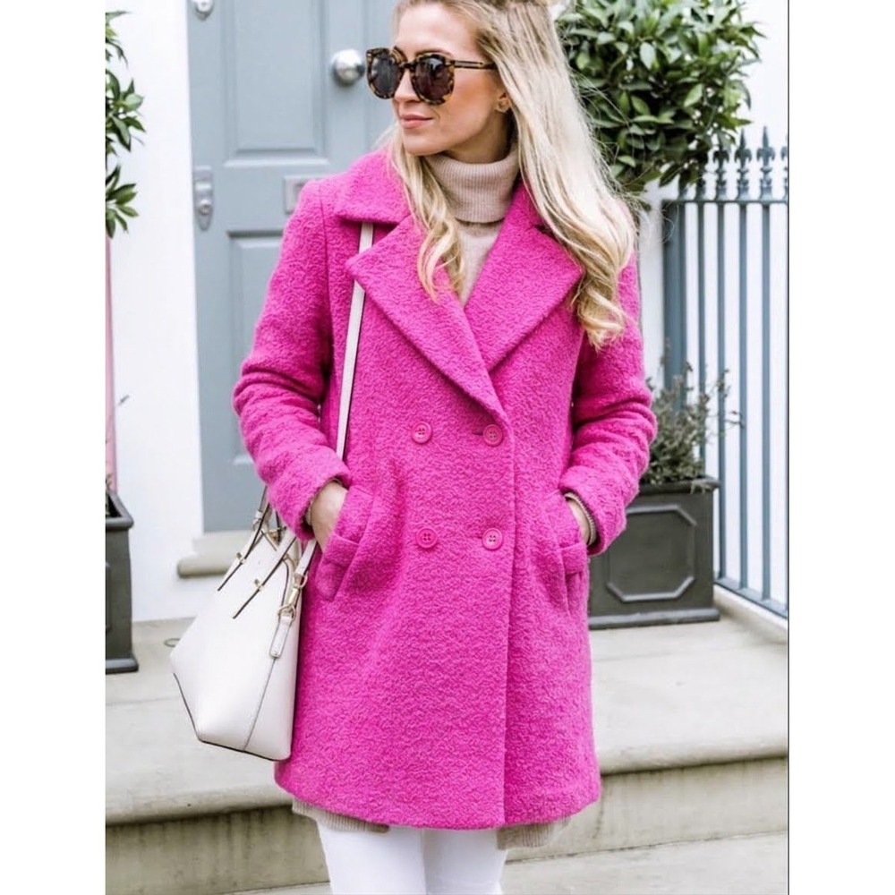 Kate Spade Hot Pink Boulé Peacoat Wool Blend Double Breasted Bow Pockets Size XL
